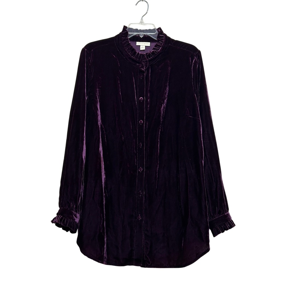 Appleseeds Velvet Blouse Women Large Purple Ruffle Neck Long Sleeve Whimsigoth